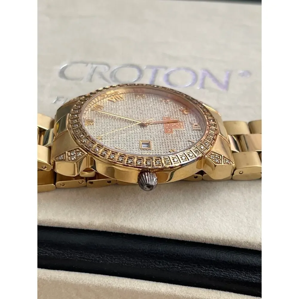 Croton Swiss Quartz Men’s Gold Tone Watch Crystal Bezel Date Sapphire Crystal